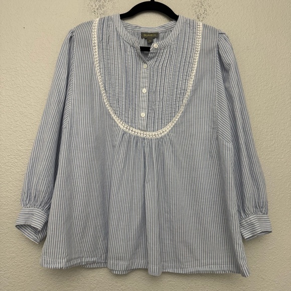 Style & Co Blue Stripe Lace Trim Pintuck Blouse Boho Peasant Top Size XL - Picture 2 of 16